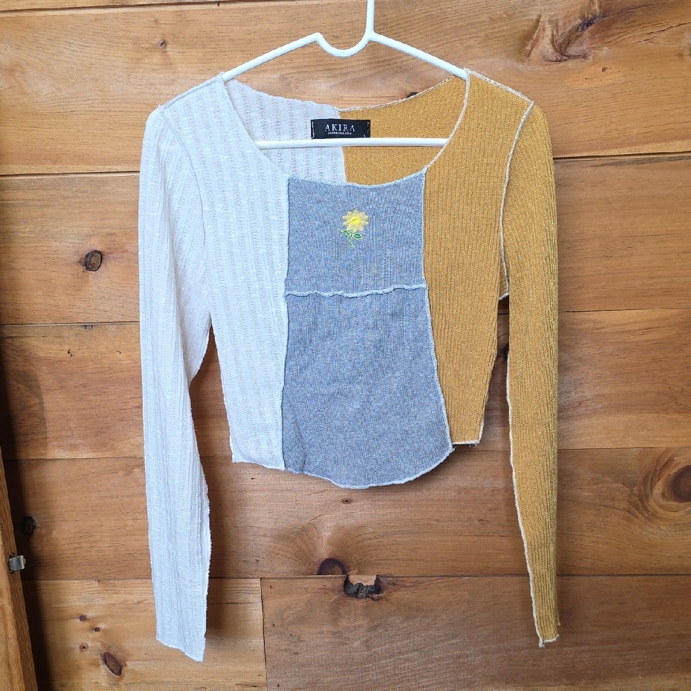 AKIRA Cream, Gray & Mustard Colorblock Ribbed Long Sleeve Crop Top Yellow Flower